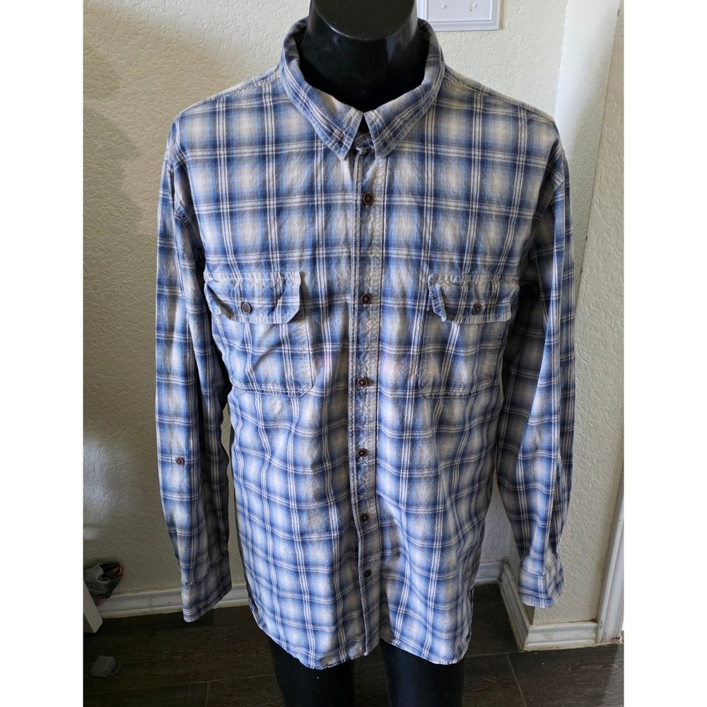 Outdoor Life Mens XXXLT Tall Blue Tan Plaid Long Sleeve Button Down Shirt Pocket